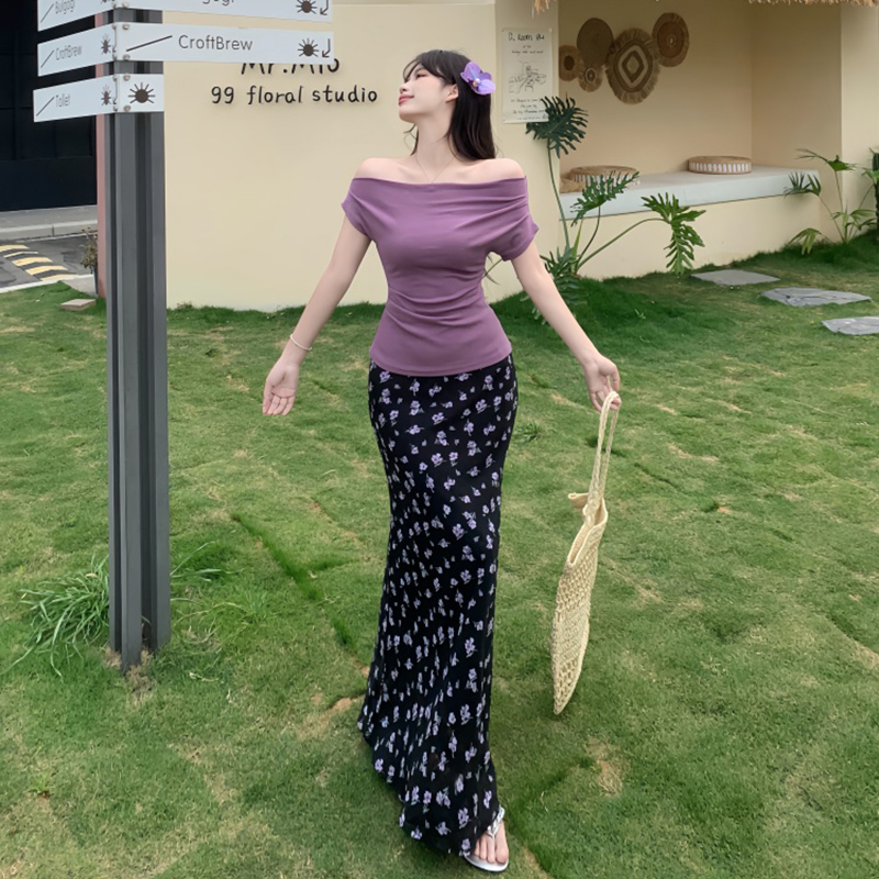 Plus Size Off-Shoulder Floral Two-Piece Set for Women - Summer Short Sleeve T-Shirt & High-Waisted Skirt, Trendy Ins Style