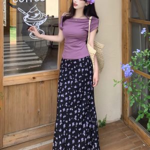 Plus Size Off-Shoulder Floral Two-Piece Set for Women - Summer Short Sleeve T-Shirt & High-Waisted Skirt, Trendy Ins Style