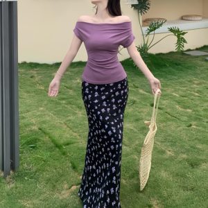 Plus Size Off-Shoulder Floral Two-Piece Set for Women - Summer Short Sleeve T-Shirt & High-Waisted Skirt, Trendy Ins Style