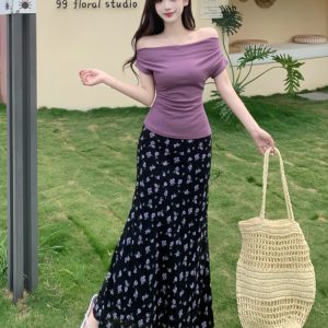 Plus Size Off-Shoulder Floral Two-Piece Set for Women - Summer Short Sleeve T-Shirt & High-Waisted Skirt, Trendy Ins Style