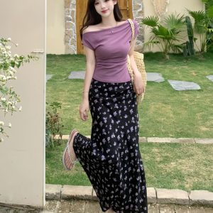 Plus Size Off-Shoulder Floral Two-Piece Set for Women - Summer Short Sleeve T-Shirt & High-Waisted Skirt, Trendy Ins Style