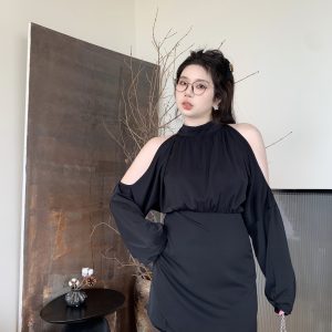 Plus Size Off-Shoulder Halter Long Sleeve Shirt Dress in Pure Desire Style - Trendy Chubby Fit, Fashionable Everyday Wear