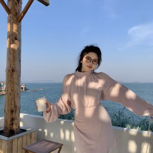 Plus Size Off-Shoulder Halter Long Sleeve Shirt Dress in Pure Desire Style - Trendy Chubby Fit, Fashionable Everyday Wear