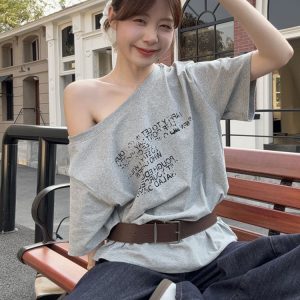 Plus Size Off-Shoulder Letter Print T-Shirt for Women, Summer Loose Fit Top, Flattering Curvy Style, Belly Coverage, Casual American Fashion