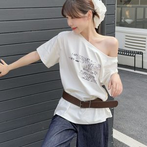 Plus Size Off-Shoulder Letter Print T-Shirt for Women, Summer Loose Fit Top, Flattering Curvy Style, Belly Coverage, Casual American Fashion