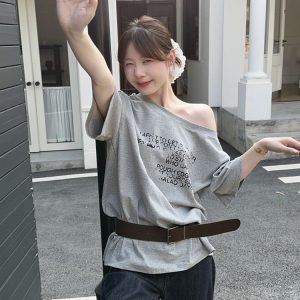 Plus Size Off-Shoulder Letter Print T-Shirt for Women, Summer Loose Fit Top, Flattering Curvy Style, Belly Coverage, Casual American Fashion