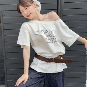 Plus Size Off-Shoulder Letter Print T-Shirt for Women, Summer Loose Fit Top, Flattering Curvy Style, Belly Coverage, Casual American Fashion
