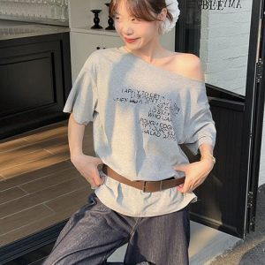 Plus Size Off-Shoulder Letter Print T-Shirt for Women, Summer Loose Fit Top, Flattering Curvy Style, Belly Coverage, Casual American Fashion