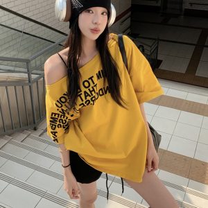 Plus Size Off-Shoulder Letter T-Shirt for Women - Summer Short Sleeve Loose Fit Slimming Top - Spicy Girl American Style