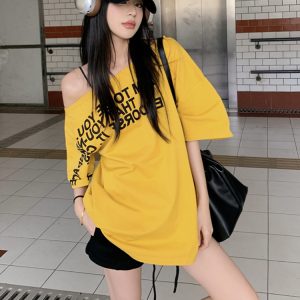 Plus Size Off-Shoulder Letter T-Shirt for Women - Summer Short Sleeve Loose Fit Slimming Top - Spicy Girl American Style