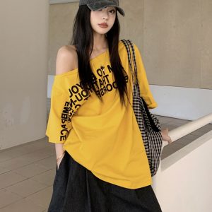 Plus Size Off-Shoulder Letter T-Shirt for Women - Summer Short Sleeve Loose Fit Slimming Top - Spicy Girl American Style