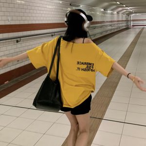 Plus Size Off-Shoulder Letter T-Shirt for Women - Summer Short Sleeve Loose Fit Slimming Top - Spicy Girl American Style