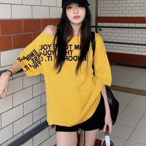 Plus Size Off-Shoulder Letter T-Shirt for Women - Summer Short Sleeve Loose Fit Slimming Top - Spicy Girl American Style