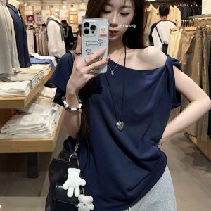 Plus Size Off-Shoulder Short Sleeve T-Shirt for Women - Summer Sweet & Spicy Loose Fit with Twist Detail, Flattering Design