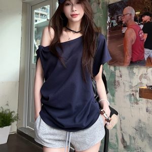 Plus Size Off-Shoulder Short Sleeve T-Shirt for Women - Summer Sweet & Spicy Loose Fit with Twist Detail, Flattering Design