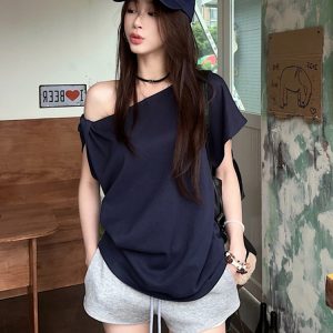 Plus Size Off-Shoulder Short Sleeve T-Shirt for Women - Summer Sweet & Spicy Loose Fit with Twist Detail, Flattering Design