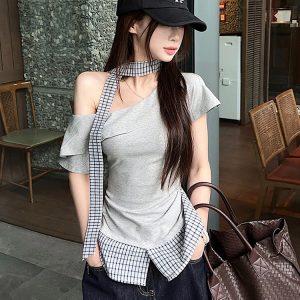 Plus Size Off-Shoulder Short Sleeve T-Shirt for Women, Summer Spliced Faux Two-Piece Top, Sweet and Spicy Slim Fit Style