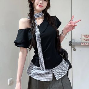 Plus Size Off-Shoulder Short Sleeve T-Shirt for Women, Summer Spliced Faux Two-Piece Top, Sweet and Spicy Slim Fit Style