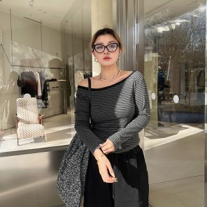 Plus-Size Off-Shoulder Striped Knitted Sweater Top - American Minimalist Slim-Fit Design for Comfortable Y2K Style