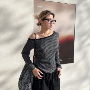 Plus-Size Off-Shoulder Striped Knitted Sweater Top - American Minimalist Slim-Fit Design for Comfortable Y2K Style