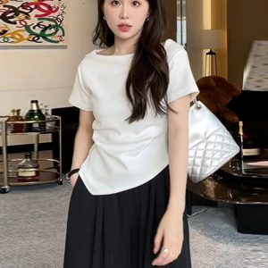 Plus-Size One-Shoulder Short Sleeve T-Shirt for Women - Spicy Girl Irregular Collarbone Summer Top, Slim Fit, Trendy Temperament Style