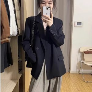 Plus Size Oversized Black Suit Jacket for Women - High-End Casual Blazer, Spring Autumn 2025 Loose Fit Fashion