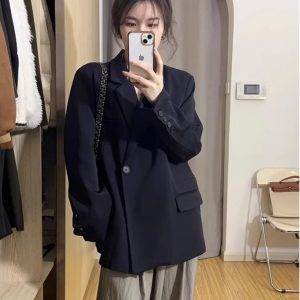 Plus Size Oversized Black Suit Jacket for Women - High-End Casual Blazer, Spring Autumn 2025 Loose Fit Fashion