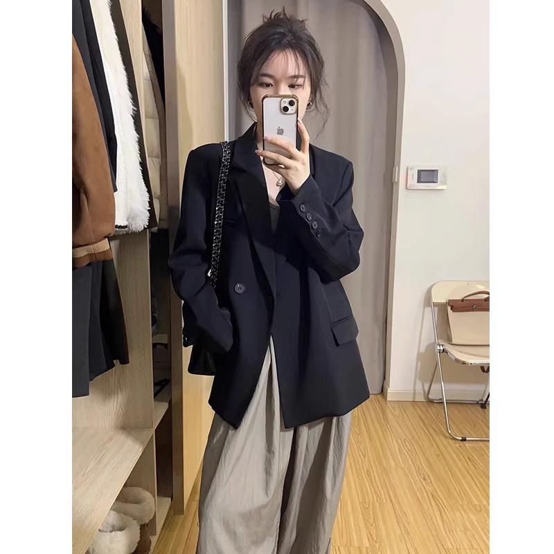 Plus Size Oversized Black Suit Jacket for Women - High-End Casual Blazer, Spring Autumn 2025 Loose Fit Fashion