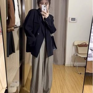 Plus Size Oversized Black Suit Jacket for Women - High-End Casual Blazer, Spring Autumn 2025 Loose Fit Fashion