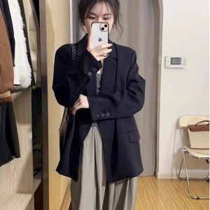 Plus Size Oversized Black Suit Jacket for Women - High-End Casual Blazer, Spring Autumn 2025 Loose Fit Fashion