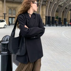 Plus Size Oversized Black Suit Jacket for Women, Casual Loose Blazer with High-End Feel, Spring Autumn 2025 Fashion