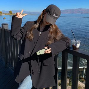 Plus Size Oversized Black Suit Jacket for Women, Casual Loose Blazer with High-End Feel, Spring Autumn 2025 Fashion