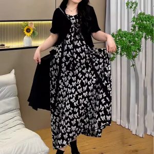 Plus Size Oversized Summer Cover-Up Outfit for Women - Short Sleeve Cardigan with Printed Camisole Dress