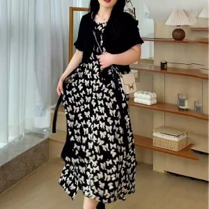 Plus Size Oversized Summer Cover-Up Outfit for Women - Short Sleeve Cardigan with Printed Camisole Dress