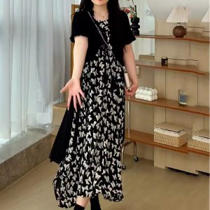 Plus Size Oversized Summer Cover-Up Outfit for Women - Short Sleeve Cardigan with Printed Camisole Dress