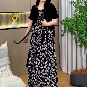 Plus Size Oversized Summer Cover-Up Outfit for Women - Short Sleeve Cardigan with Printed Camisole Dress