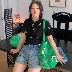 Plus Size Pearl Bow T-Shirt for Women - Handmade Short Sleeve Summer Top, Stylish and Trendy for 2025