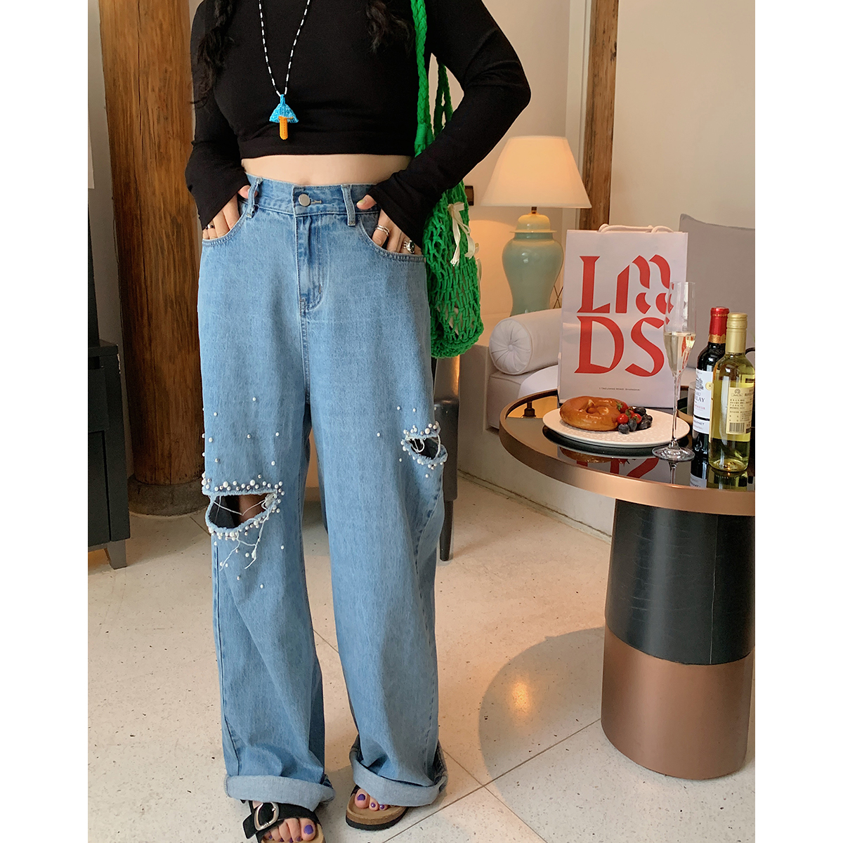Plus Size Pearl Ripped Wide-Leg Jeans for Women - Loose Straight Leg Pants for Spring Summer 2025, Trendy Casual Fashion