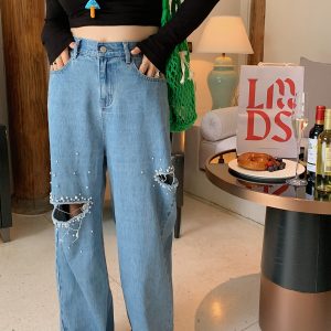 Plus Size Pearl Ripped Wide-Leg Jeans for Women - Loose Straight Leg Pants for Spring Summer 2025, Trendy Casual Fashion
