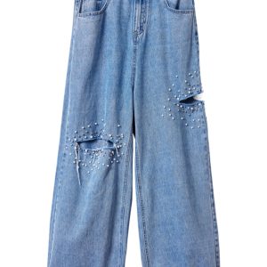 Plus Size Pearl Ripped Wide-Leg Jeans for Women - Loose Straight Leg Pants for Spring Summer 2025, Trendy Casual Fashion