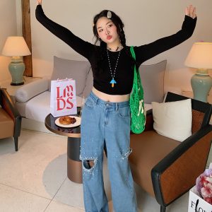 Plus Size Pearl Ripped Wide-Leg Jeans for Women - Loose Straight Leg Pants for Spring Summer 2025, Trendy Casual Fashion