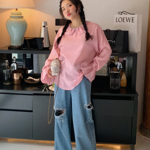 Plus Size Pearl Ripped Wide-Leg Jeans for Women - Loose Straight Leg Pants for Spring Summer 2025, Trendy Casual Fashion