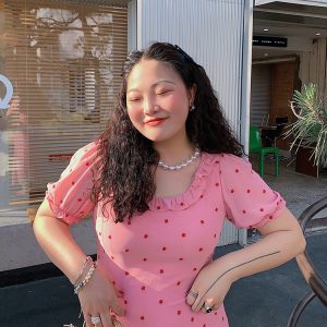 Plus Size Pink Embroidered Square-Neck Dress for Women - Summer 2025, Waist-Cinching, Slimming, Floral Style