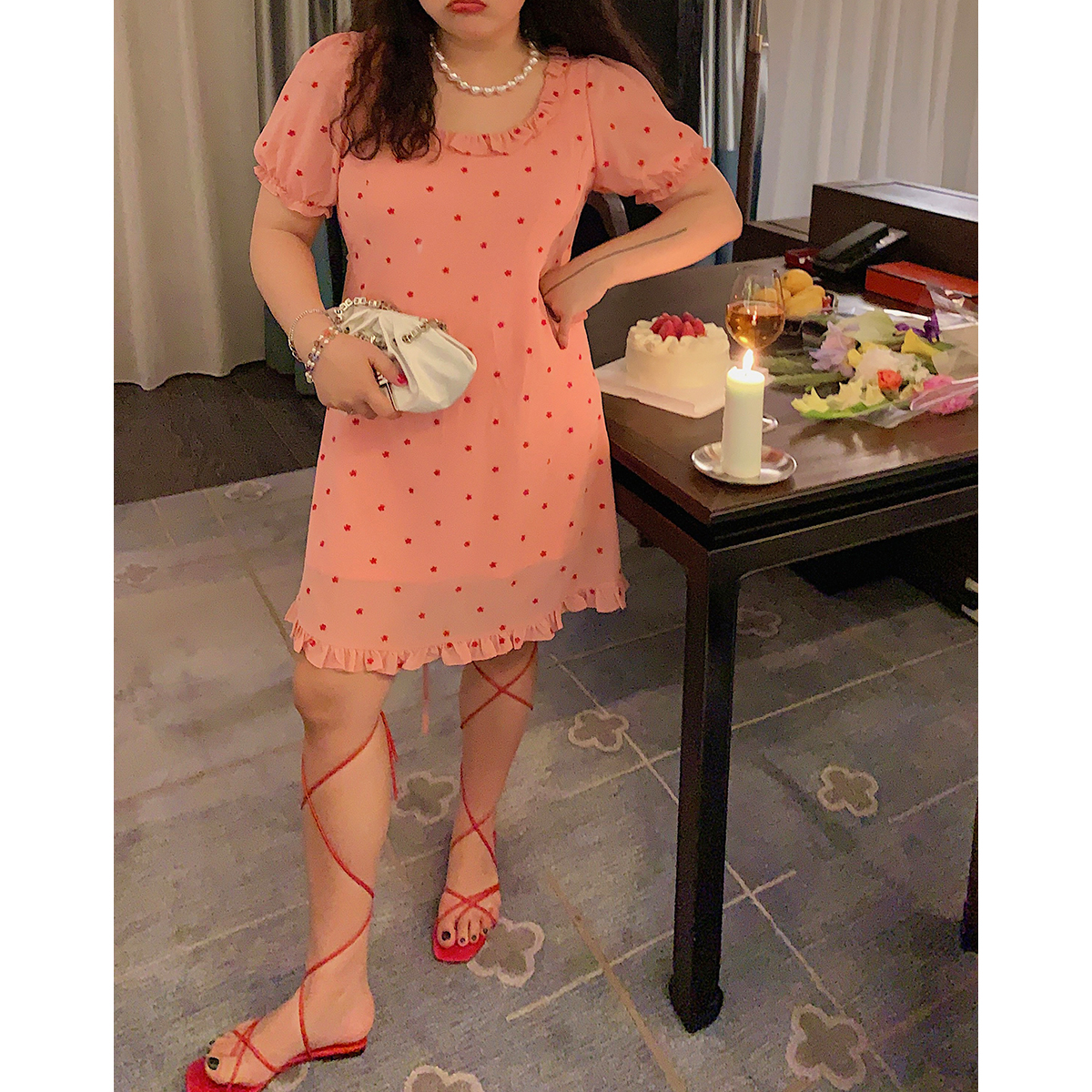 Plus Size Pink Embroidered Square-Neck Dress for Women - Summer 2025, Waist-Cinching, Slimming, Floral Style