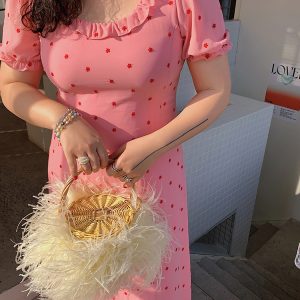 Plus Size Pink Embroidered Square-Neck Dress for Women - Summer 2025, Waist-Cinching, Slimming, Floral Style