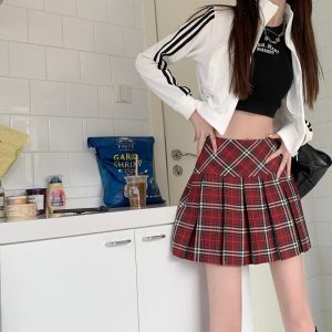 Plus-Size Pink Plaid High-Waisted Pleated Midi Skirt - Women's Summer Checkered A-Line Skirt with Slim Fit for Trendy Style