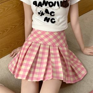 Plus-Size Pink Plaid High-Waisted Pleated Midi Skirt - Women's Summer Checkered A-Line Skirt with Slim Fit for Trendy Style