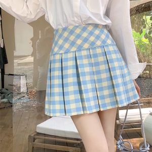 Plus-Size Pink Plaid High-Waisted Pleated Midi Skirt - Women's Summer Checkered A-Line Skirt with Slim Fit for Trendy Style