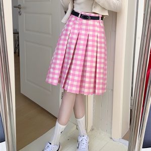 Plus Size Pink Plaid High-Waisted Pleated Midi Skirt for Women - Summer College Style A-Line Patterned Skirt
