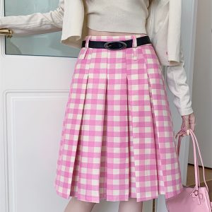 Plus Size Pink Plaid High-Waisted Pleated Midi Skirt for Women - Summer College Style A-Line Patterned Skirt